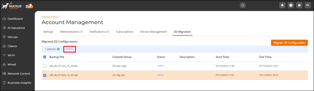 Deleting a ZoneDirector Backup File